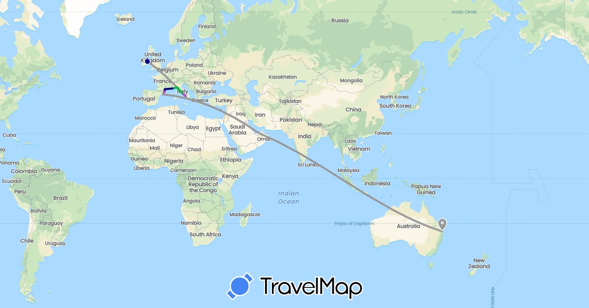 TravelMap itinerary: driving, bus, plane, train, boat in United Arab Emirates, Australia, Spain, France, United Kingdom, Ireland, Italy (Asia, Europe, Oceania)